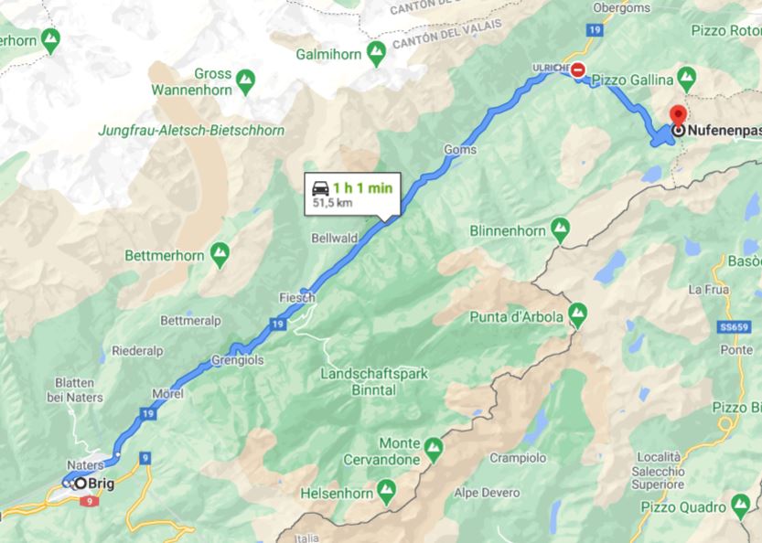 Mapa de la ruta. Brig y Nufenenpass. Ruta motera por los Alpes suizos