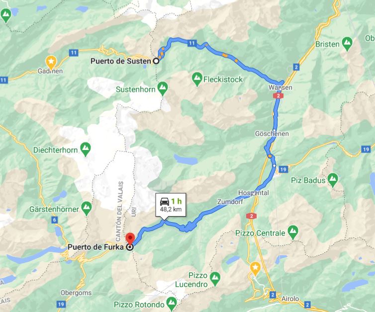 Mapa de la ruta. Puerto de Susten y Furka. Ruta motera por los Alpes suizos.