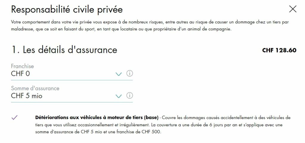 Ejemplo de precio del seguro de responsabilidad civil en Suiza con la compañía Helvetia. 5 millones de francos asegurados y 0 francos de franquicia por 128.60 CHF anuales.