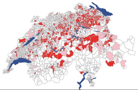 Mapa de las mordeduras de garrapata que han provocado MEVE en Suiza entre 2009 y 2018