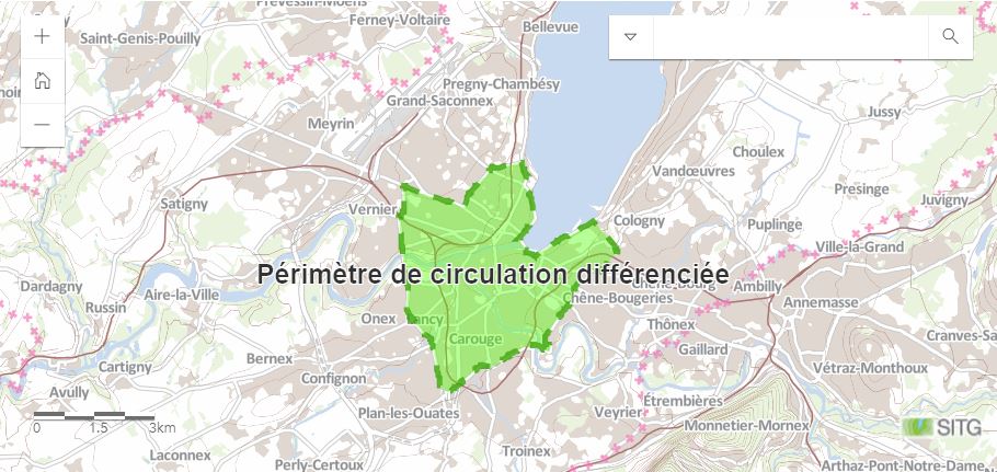 Mapa del perímetro de la zona de bajas emisiones en Ginebra, Suiza. Será necesario un distintivo medioambiental en caso de pico de contaminación.